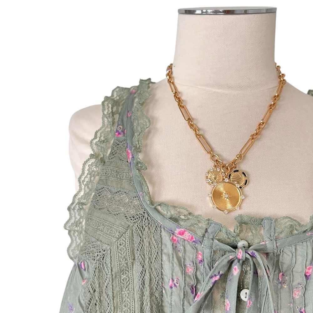 New FREE PEOPLE Forevermore Sheer Lace Floral Print Top Meadow Green Sz L - Picture 9 of 15